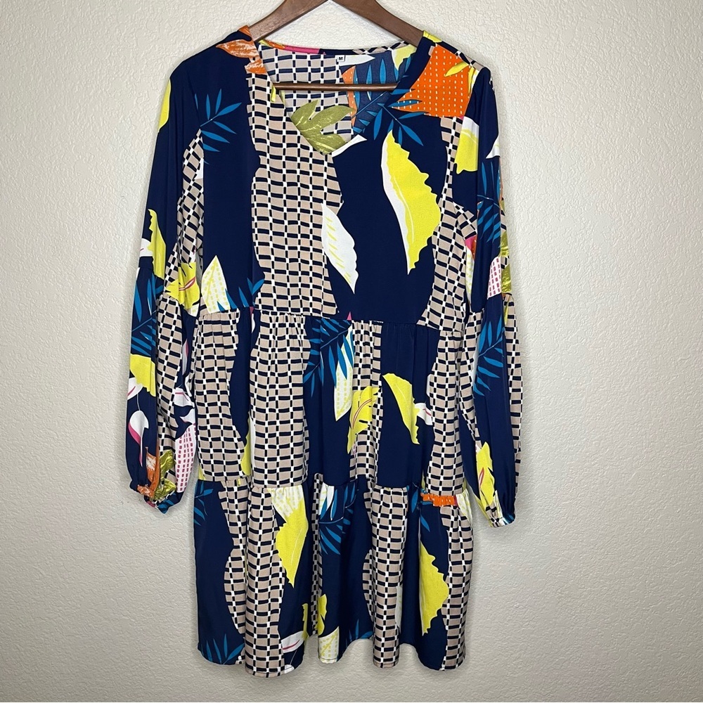 Amazon Colorful Floral V-neck Loose Flowy Tiered Dress Size Medium
